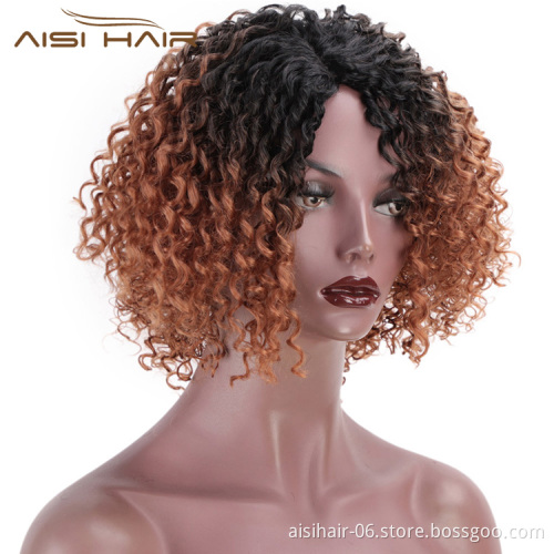 Aisi Hair Ombre Brown Kinky Curly Short Wigs Heat Resistant Synthetic Fiber Afro Curly Short Bob Wigs for Women